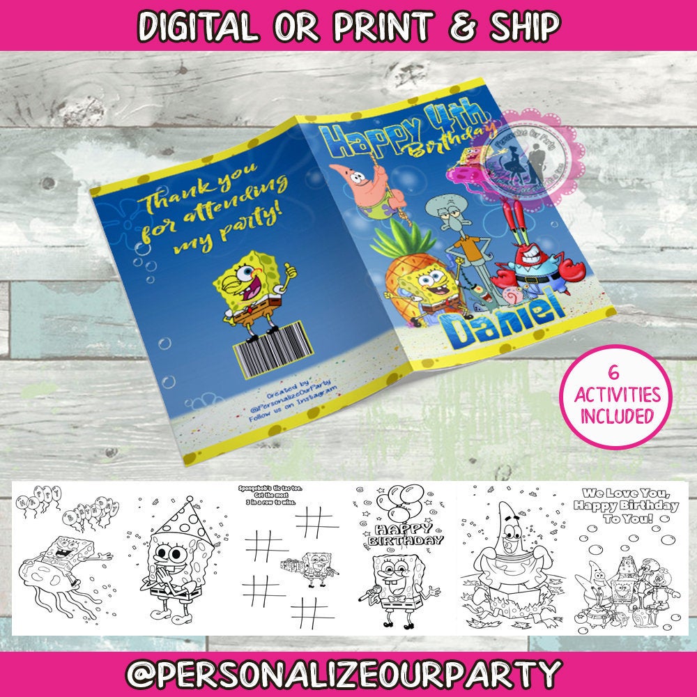 Spongebob square pants inspired coloring book-coloring book party favors-spongebob birthday party-digital-print-coloring book party favors