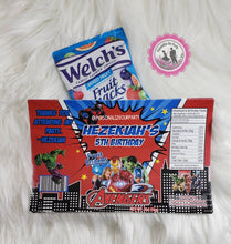 Load image into Gallery viewer, super hero fruit snack wrappers-digital-printed-super hero party-super hero birthday party favors-snack bag favors-treat bag favors-party
