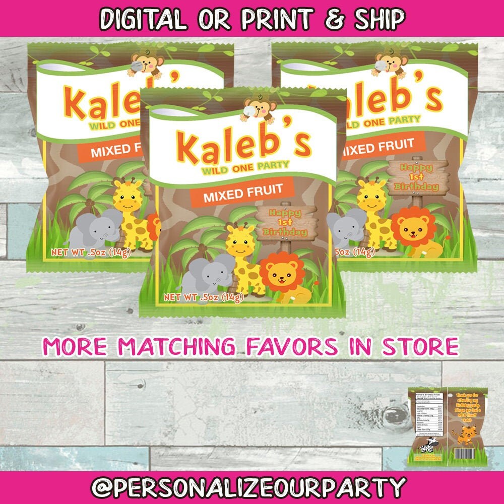 wild one jungle fruit snacks/wrappers-1st birthday party favors-1st birthday-jungle party-jungle birthday-wild one-digital-printed-safari