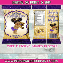 Load image into Gallery viewer, baby girl royal princess chip bags/wrappers-princess party favors-african american princess-digital-print-party favors- purple &amp; gold favors