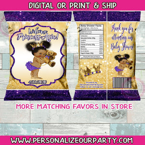 baby girl royal princess chip bags/wrappers-princess party favors-african american princess-digital-print-party favors- purple & gold favors