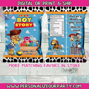 It's a boy story baby shower chip bags/wrappers-toy story baby shower-boy story-digital-print baby shower party favors-boy story chip bags