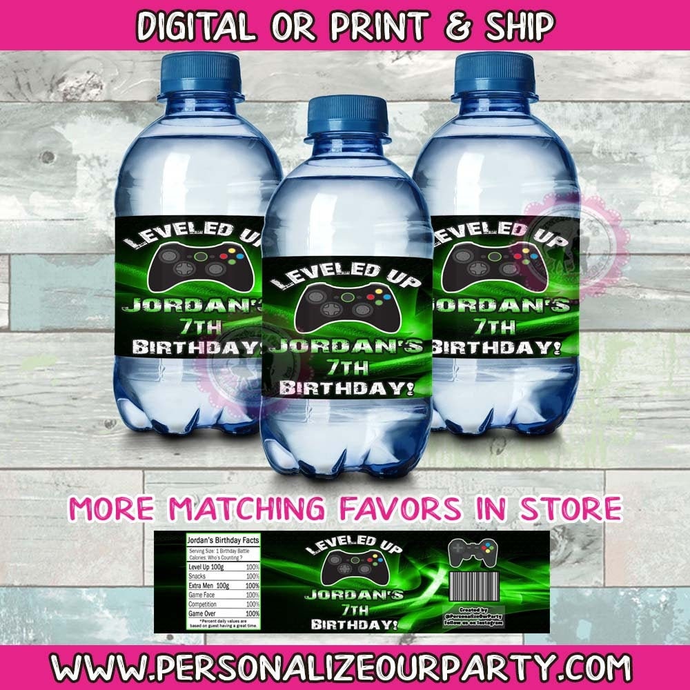 Video game water bottle labels-digital-printed-video game party-gamer party favors level up birthday party-water bottle wrappers-game party