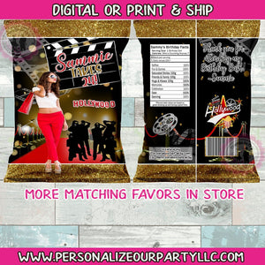 Hollywood red carpet chip bags/wrappers-hollywood party favors-movie party favors-custom photo chip bag-hollywood birthday-digital-print