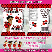 Load image into Gallery viewer, African American Lady bug chip bags/ chip bag wrappers-lady bug first birthday-bug party favors-lady bug-digital-print-lady bug favor bag