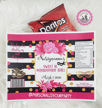 Load image into Gallery viewer, Sweet 16 chip bags/chip bag wrappers-masquerade ball chip bags-sweet 16 party favors-pink black &amp; white chip bags-pink and gold chip bags