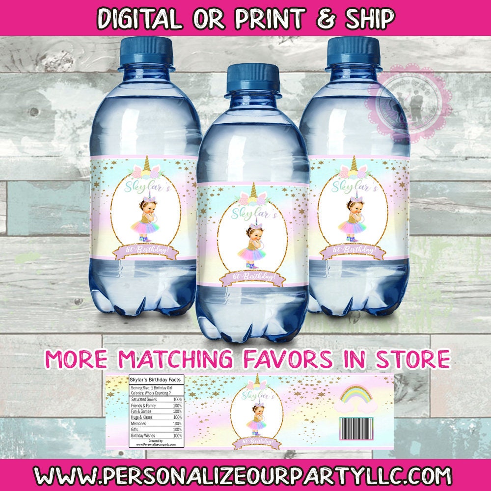 Unicorn birthday party water bottle labels-unicorn party favors-unicorn baby shower-digital-printed-unicorn party supplies-1st birthday