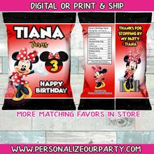Load image into Gallery viewer, Red Minnie Mouse birthday chip bags/wrappers-minnie mouse party-red minnie mouse party favors-minnie mouse birthday party-1st birthday party