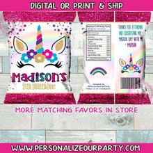 Load image into Gallery viewer, Rainbow Unicorn chip bag/wrappers-unicorn party favors-unicorn birthday party-unicorn-unicorn party bags-digital-printed-unicorn snack bags