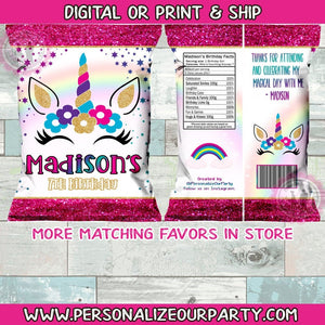Rainbow Unicorn chip bag/wrappers-unicorn party favors-unicorn birthday party-unicorn-unicorn party bags-digital-printed-unicorn snack bags