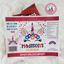 Load image into Gallery viewer, Rainbow Unicorn chip bag/wrappers-unicorn party favors-unicorn birthday party-unicorn-unicorn party bags-digital-printed-unicorn snack bags