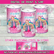 Load image into Gallery viewer, Jojo Siwa inspired tootsie roll bank jar-candy bank party favors-custom party favors-jojo siwa party supplies-jojo siwa birthday-candy bank-