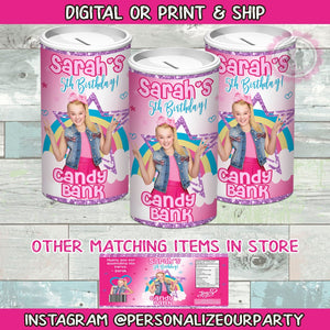 Jojo Siwa inspired tootsie roll bank jar-candy bank party favors-custom party favors-jojo siwa party supplies-jojo siwa birthday-candy bank-