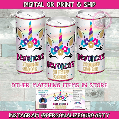 Rainbow unicorn tootsie roll candy bank jar-candy bank-party favors-custom party favors-rainbow unicorn party-unicorn birthday favors-candy
