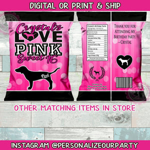 Victoria's secret PINK sweet 16 chip bags/wrappers-pink party favors-victoria's secret birthday-digital-printed-VS party favors-Pink party