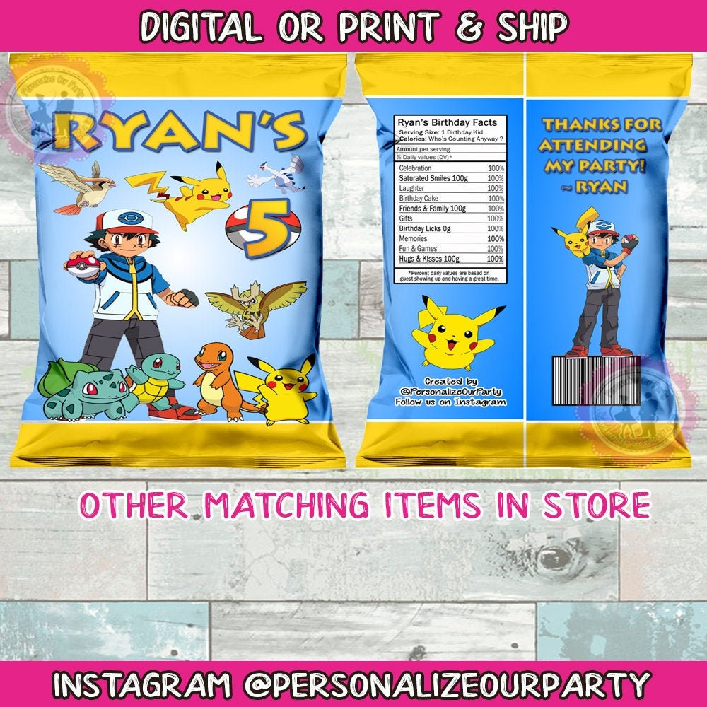 Pokemon inspired chip bag wrappers-digital-printed-pokemon party favor bags-personalized party favors-pokemon party bags-pokemon chip bags
