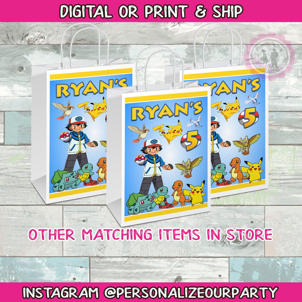 Pokemon party bag- pokemon gift bags-digital-printed-pokemon treat bags-pokemon loot bags-pokemon candy bags-pokemon favor bags-pokemon