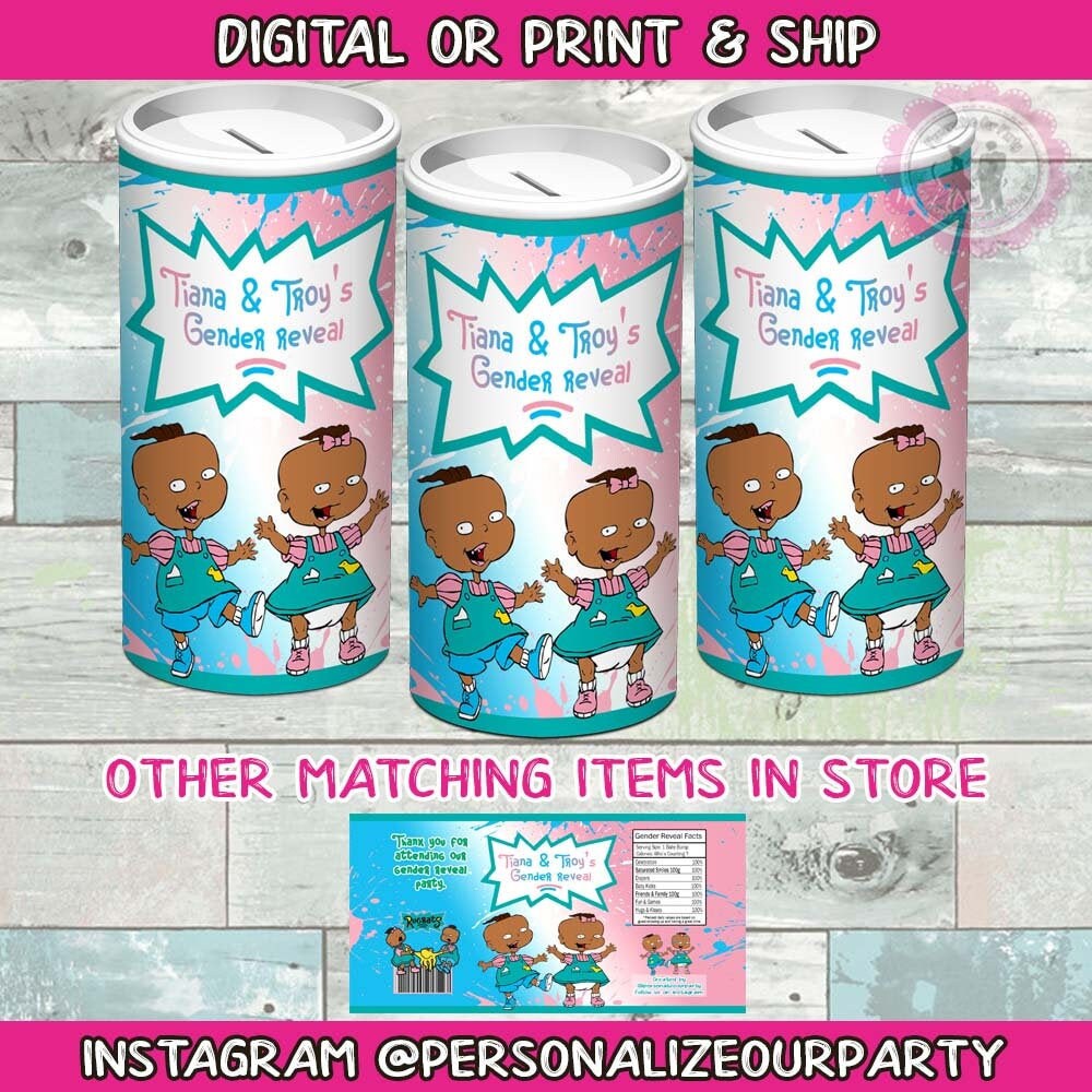 African american Phil & Lil tootsie roll bank-candy bank-party favors-gender reveal favors-rugrats gender reveal-rugrats party-gender reveal