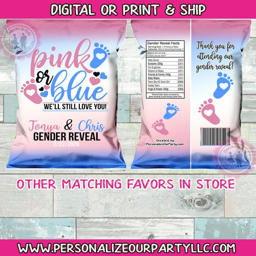 Gender reveal chip bag- chip bag wrappers-digital-print-pink or blue we love you gender reveal party-gender reveal favors-gender reveal
