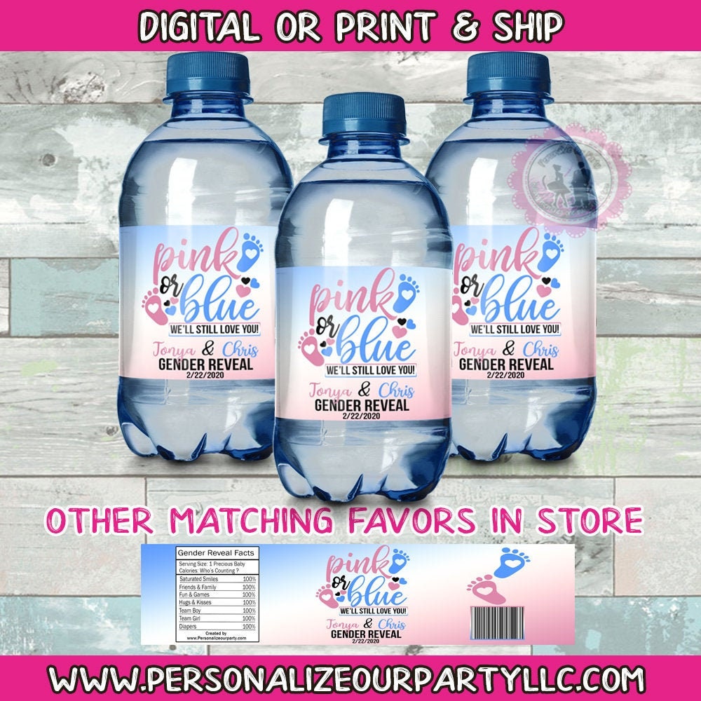 Gender reveal party water bottle labels-pink or blue we love you gender reveal- gender favors-digital-print-boy or girl gender reveal favors