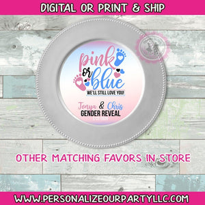 Pink or blue gender reveal charger plate inserts-pink or blue we love gender reveal favors-charger plates-gender reveal favors-digital-print