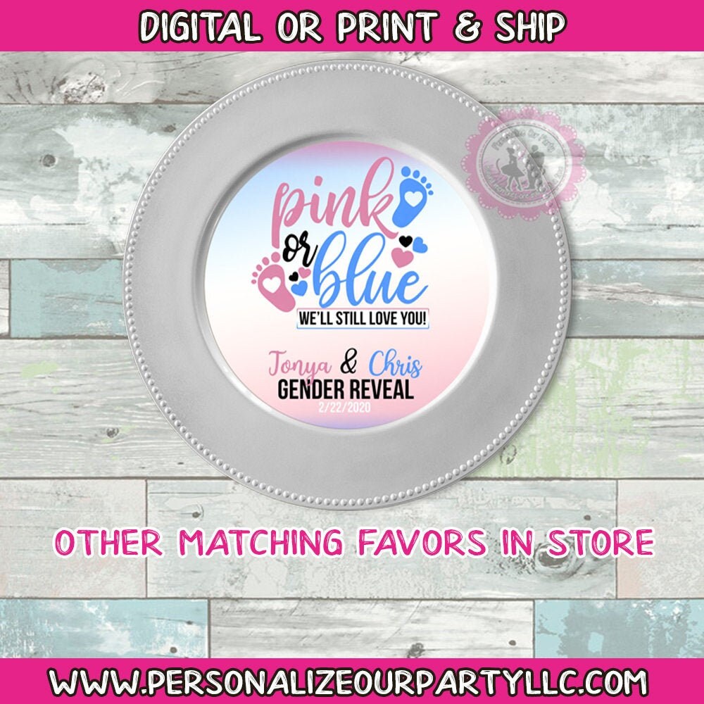 Pink or blue gender reveal charger plate inserts-pink or blue we love gender reveal favors-charger plates-gender reveal favors-digital-print
