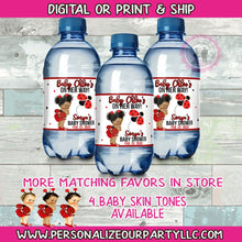 Load image into Gallery viewer, African American Lady bug baby shower water bottle labels-digital-print-lady bug shower favors-lady bug party favors-water bottle labels