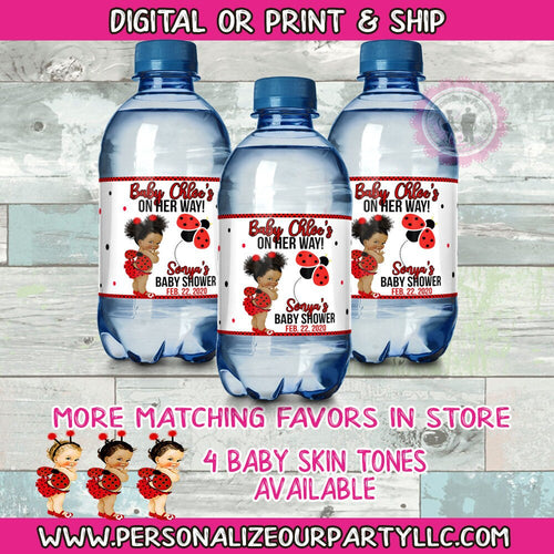 African American Lady bug baby shower water bottle labels-digital-print-lady bug shower favors-lady bug party favors-water bottle labels