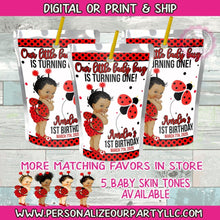 Load image into Gallery viewer, African American Lady bug 1st birthday juice pouch labels-lady bug party-lady bug party favors-lady bug favors-juice pouch-digital-print