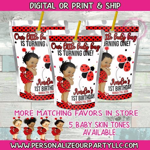 African American Lady bug 1st birthday juice pouch labels-lady bug party-lady bug party favors-lady bug favors-juice pouch-digital-print