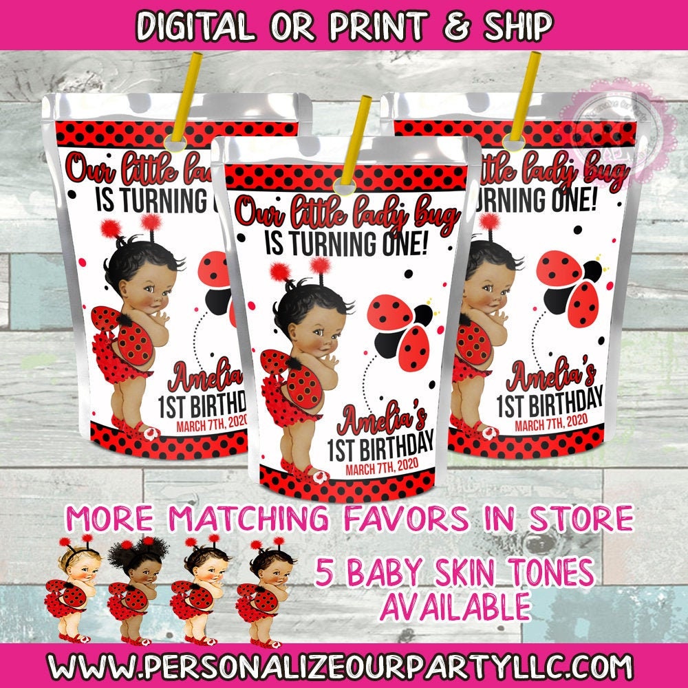 African American Lady bug 1st birthday juice pouch labels-lady bug party-lady bug party favors-lady bug favors-juice pouch-digital-print