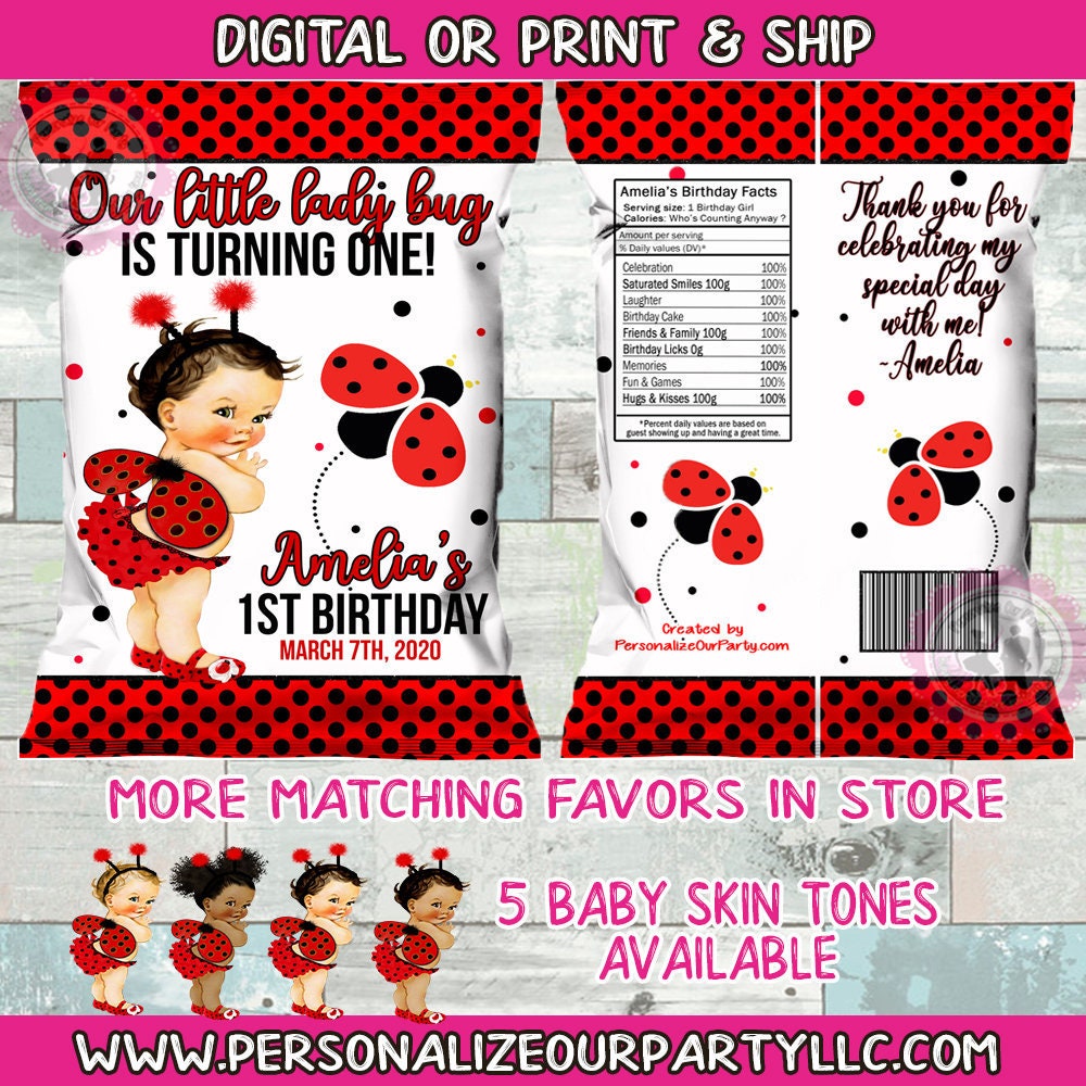Lady bug baby chip bags/ chip bag wrappers-lady bug first birthday-lad bug party favors-lady bug-digital-print-lady bug favor bags-treat bag