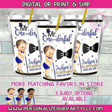 Load image into Gallery viewer, Mr. ONEderful juice pouches-juice pouch labels-mr onederful birthday party-1st birthday favors-boys 1st birthday-digital-print-onederful