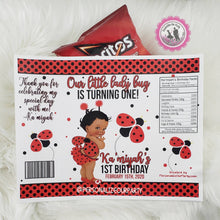 Load image into Gallery viewer, African American Lady bug chip bags/ chip bag wrappers-lady bug first birthday-bug party favors-lady bug-digital-print-lady bug favor bag