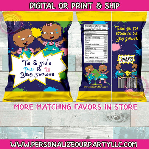 phil and lil african american baby shoewer chip bags/wrapper-digital-printed-personalized babu shower party favors-rugrats-chip bag-favors