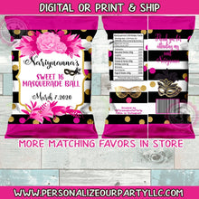 Load image into Gallery viewer, Sweet 16 chip bags/chip bag wrappers-masquerade ball chip bags-sweet 16 party favors-pink black &amp; white chip bags-pink and gold chip bags
