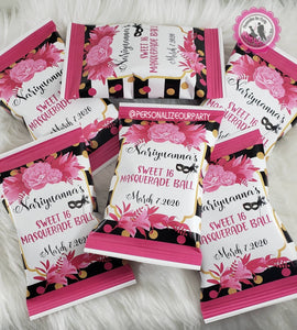 Sweet 16 chip bags/chip bag wrappers-masquerade ball chip bags-sweet 16 party favors-pink black & white chip bags-pink and gold chip bags