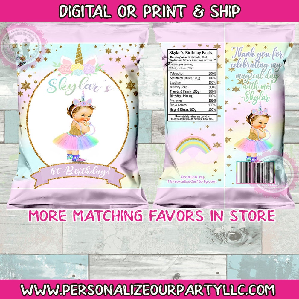 Unicorn baby girl chip bag/wrappers-unicorn first birthday party favors-unicorn birthday party-unicorn decor-unicorn party bag-digital-print