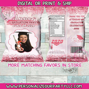 Pink  & rose gold graduation chip bag/wrappers-digital-print-chip bag-party favors-prom watch party favors-graduation party favor-graduation
