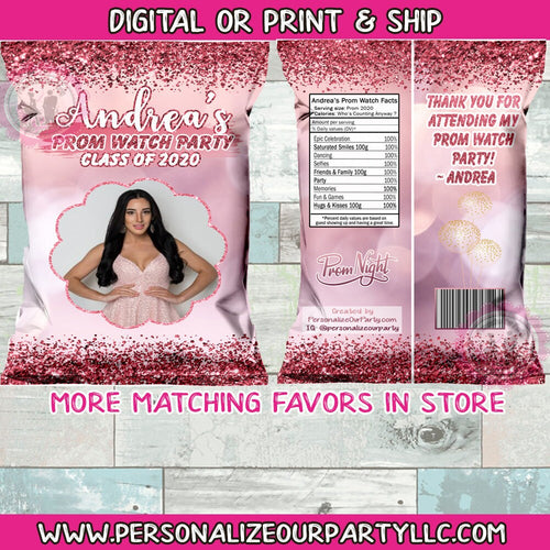 Rose gold prom chip bags/wrappers -digital-print-party favors-prom watch party favors-prom send off party-prom party favors-prom favors
