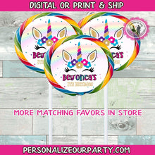 Load image into Gallery viewer, Rainbow unicorn jumbo cicus lollipop stickers-digital-printed-unicorn party favors-unicorn birthday-princess lollipops-princess suckers