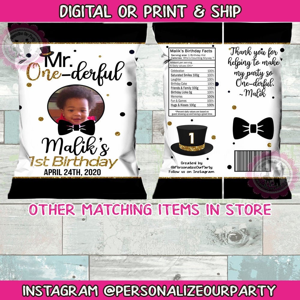 Mr. ONEderful black & gold chip bags-mr Onederful favor bags-digital-print-party bags- first birthday-1st birthday chip bags-boys party bags