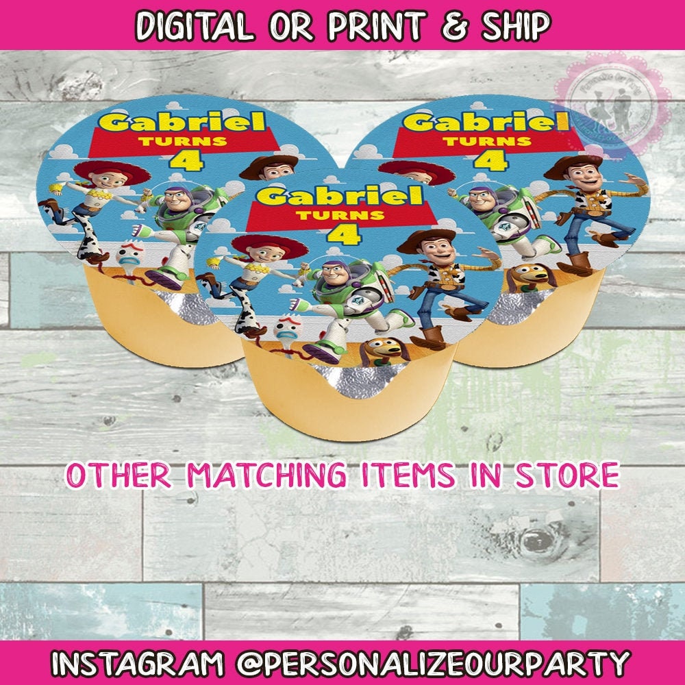 Toy story 4oz applesauce cup stickers-tot story 4 party favors-toy story birthday-toy story-custom party favors-toy story 3 party favors