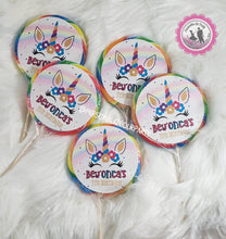 Load image into Gallery viewer, Rainbow unicorn jumbo cicus lollipop stickers-digital-printed-unicorn party favors-unicorn birthday-princess lollipops-princess suckers