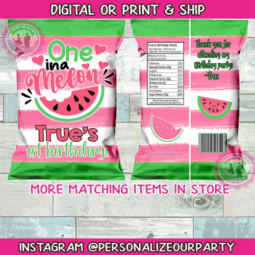 one in a melon chip bags/wrappers-one in a melon party favors-watermelon party-1st birthday-digital-printed-one in a melon-first birthday