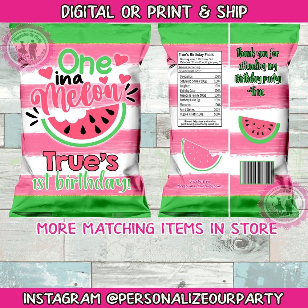 one in a melon chip bags/wrappers-one in a melon party favors-watermelon party-1st birthday-digital-printed-one in a melon-first birthday