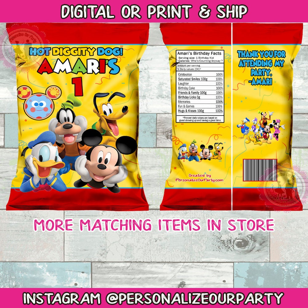 Mickey mouse club house inspired chip bag wrappers/chip bag-digital-print-mickey mouse party favors-mickey mouse party supplies-mickey mouse