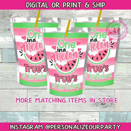 One in a melon capri sun labels-watermelon 1st birthday party-watermelon party favors-digital-print-watermelon birthday favor-first birthday