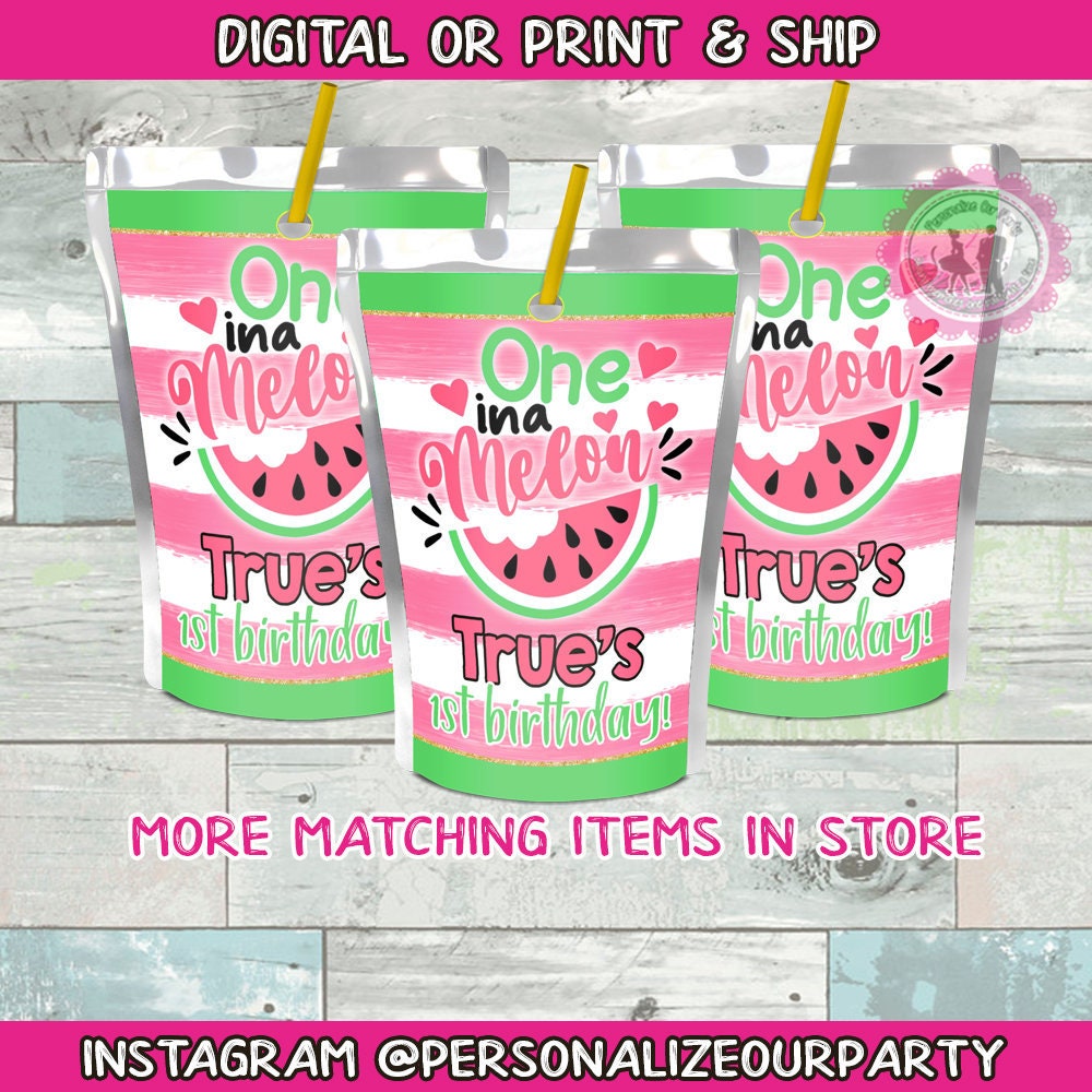 One in a melon capri sun labels-watermelon 1st birthday party-watermelon party favors-digital-print-watermelon birthday favor-first birthday