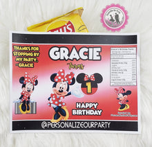 Load image into Gallery viewer, Red Minnie Mouse birthday chip bags/wrappers-minnie mouse party-red minnie mouse party favors-minnie mouse birthday party-1st birthday party